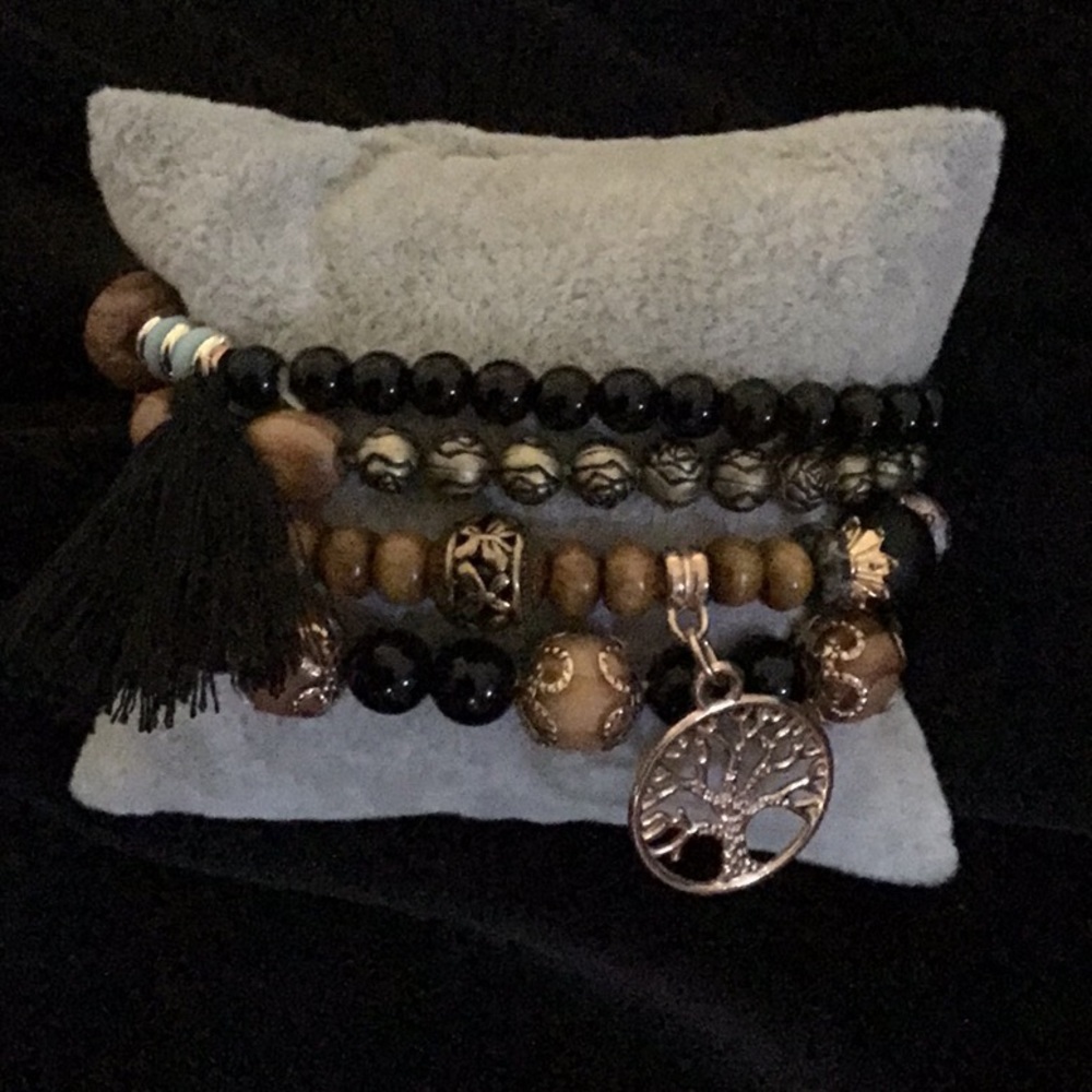 TREE of LIFE/STRETCHY GOLD TONE and WOOD BRACELETS